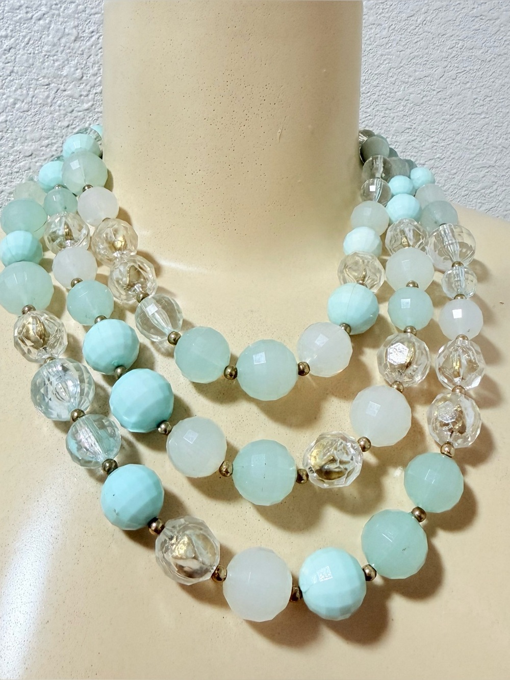 Graziano Necklace Silver tone white blue Beads Multi Strand Estate